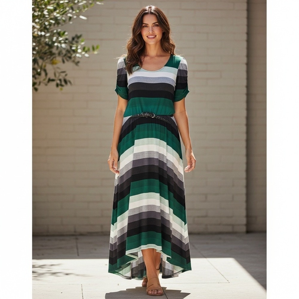 Dressbarn Green Striped High Low Maxi Dress 12 Boho Casual Belted Jersey Knit